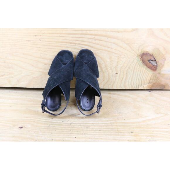 All Saints Womens 6.5 Black Suede Ulla Peep Toe Heels Sandals Strappy Buckle - Picture 5 of 8